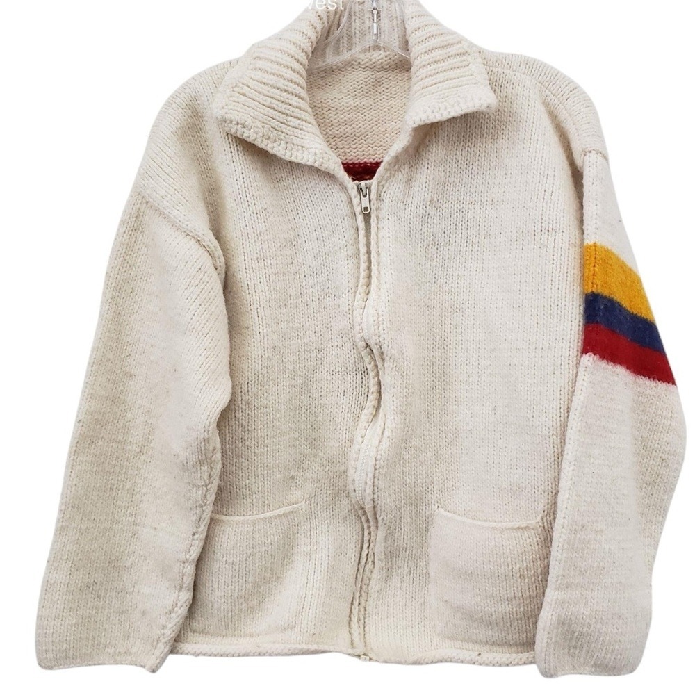 Handmade Ecuador Wool Sweater Jacket Trophy Graphic Full Zip Cardigan Vintage - Picture 6 of 12